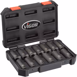 Vigor V5550L, Ensemble de douilles, 1/2", Métrique, 13 tête(s), 10,11,12,13,14,15,16,17,18,19,21,22,24 mm, Mat