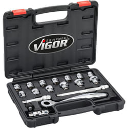 Vigor - Jeu de clés à douilles ∙ extra plates ∙ V6202 ∙ Carré creux 3/8 pouce (10 mm) ∙ Profil à 6 pans extérieurs ∙ 18 pièces ∙ 8 – 22 ∙ Nombre