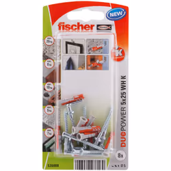 Fischer 535008, Kit de fiches murales et vis, Brique, Béton, 25 mm, 5 mm, 3,5 cm, 1,25 cm