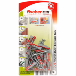 Fischer DuoPower, Kit de fiches murales et vis, Ciment aéré placé en autoclave, Brique, Béton, Maçonnerie, Plaque de plâtre, ...