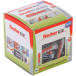 Fischer 535464, Kit de fiches murales et vis, Brique, Béton, Plaque de plâtre, Gris, Rouge, 40 mm, 8 mm, 6 cm