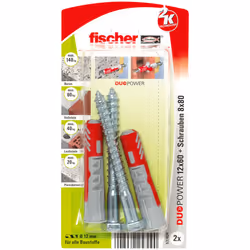 Fischer DuoPower, Kit de fiches murales et vis, Ciment aéré placé en autoclave, Brique, Béton, Maçonnerie, Plaque de plâtre,  ...