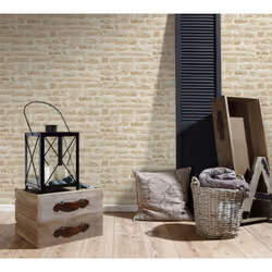 Description générale Papier peint vinyle de haute qualité imitant un mur de brique en beige crème, parfait pour créer une amb ...