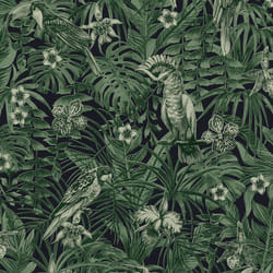 As Creation - Papier peint jungle vert foncé et noir Tapisserie exotique avec oiseaux pour salon moderne Papier peint chambre tropical oiseaux