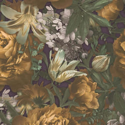 As Creation - Papier peint floral de style vintage, papier peint 3D foncé avec des fleurs en jaune, vert et violet, papier peint floral