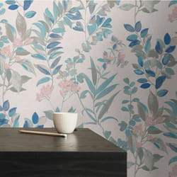 As Creation - Papier peint floral multicolore Tapisserie à feuillage bleu, gris, rose Papier peint à fleurs sur fond crème style botanique idéal