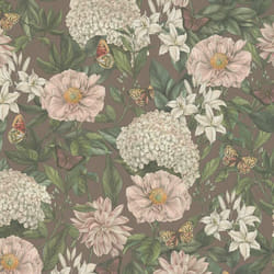 As Creation - Papier peint nature fond marron Tapisserie florale rose, blanc, vert avec papillons Papier peint intissé idéal pour couloir et salon