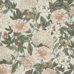 As Creation - Papier peint intissé nature fond gris clair Tapisserie florale blanche, verte, rose avec papillons Papier peint intissé charme idéal