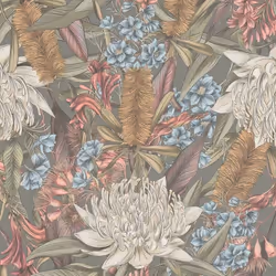 As Creation - Papier peint nature coloré blanc, bleu, jaune, rouge Tapisserie fond gris style tropical Papier peint intissé i ...