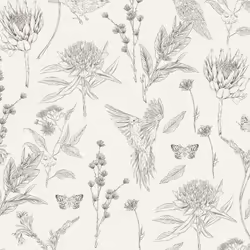 As Creation - Papier peint nature sur fond blanc cassé Tapisserie florale noir avec oiseaux Papier peint cottage idéal pour c ...