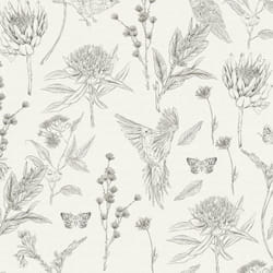 As Creation - Papier peint nature sur fond blanc cassé Tapisserie florale noir avec oiseaux Papier peint cottage idéal pour chambre et salon