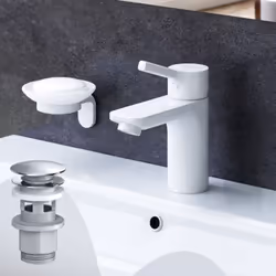 Mitigeur monocommande avec tige de préhension pour petit évier convient pour les toilettes des invités. Destiné à l'eau chaud ...