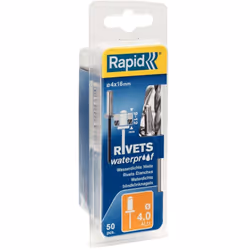 Rivets Rapid Inox; 4 mm; 16 mm; 50 unités Code EAN : 4051661013614 Marque : Rapid Poids du produit (kg) : 0.095