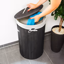 Relaxdays 4052025046743 panier à linge 70 L Rond Bambou, Coton, Polyester Noir