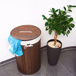 Relaxdays 4052025046750 panier à linge 70 L Rond Bambou, Coton, Polyester Marron