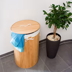 Relaxdays 10019051_126 panier à linge 70 L Rond Bambou, Coton, Polyester Bambou