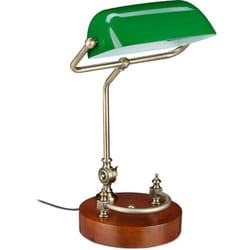 Lampe de banquier, abat-jour en verre inclinable, pied en bois, bureau E27, rétro, vert-marron - Relaxdays