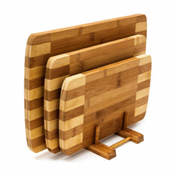 Relaxdays Planches à découper Set de 3 pièces avec support en bois de Bambou naturel écologique rayé design moderne et pratique, nature