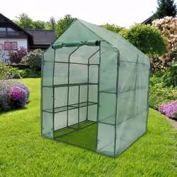 Relaxdays Serre de jardin avec 8 étagères, praticable a pied, bâche en plastique, acier, HLP : 195 x 140 x 140 cm, verte