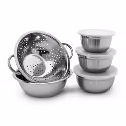 Relaxdays 10019118 Lot de 5 pièces empilables 3 bols en acier inoxydable avec couvercle 1 saladier 1 Passoire Inox 1001911