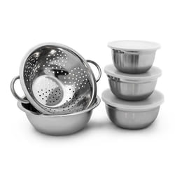 Relaxdays 10019118 Lot de 5 pièces empilables 3 bols en acier inoxydable avec couvercle 1 saladier 1 Passoire Inox 1001911