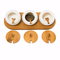3 Pots d'épices, jiao, en céramique et bambou, HxLxP: 8,5 x 30,5 x 12 cm, avec couvercle et cuillères, nature - Relaxdays