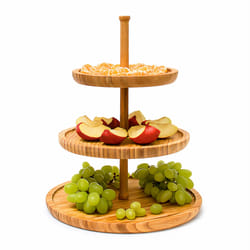 Présentoir 3 niveaux, bambou, h : 25 cm, d : 30 cm, 3 plateaux en bois pour gâteaux, snacks, noix, nature - Relaxdays