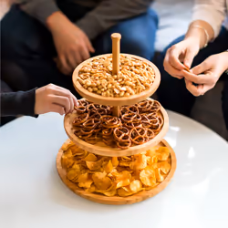 Présentoir 3 niveaux, bambou, h : 25 cm, d : 30 cm, 3 plateaux en bois pour gâteaux, snacks, noix, nature - Relaxdays