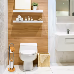 Relaxdays - Ensemble porte brosse wc support porte rouleau papier toilette en bambou et inox brosse plastique distributeur papier toilette, nature