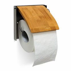 Relaxdays - Porte-rouleau de papier hygiénique en bambou et inox HxlxP : 13,5 x 14,5 x 13,5 cm support mural salle de bain Toilette, nature