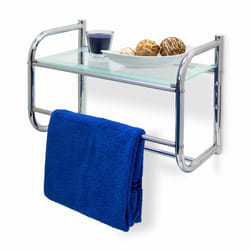 Tagère avec 2 porte-serviettes murale & Plateau en verre Rangement salle de bain Inox 34 x 45 x 23 cm, couleur métal - Relaxdays