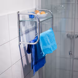 Tagère avec 2 porte-serviettes murale & Plateau en verre Rangement salle de bain Inox 34 x 45 x 23 cm, couleur métal - Relaxdays