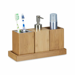 Accessoires de bain porte brosse à dents porte-savon liquide 4 pièces en bambou, nature - Relaxdays