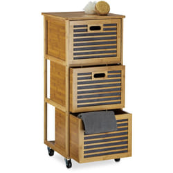 Relaxdays - Caisson à roulettes en bambou, 3 compartiments, h x x p : 92 x 41 x 41 cm, pour salle de bain, nature