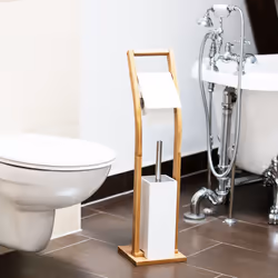 Relaxdays Ensemble Porte brosse WC et distributeur papier toilettes, bambou HxLxP: 75 x 19 x 19 cm, nature blanc