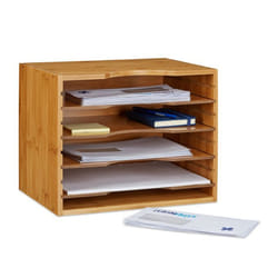 Relaxdays Corbeille à courrier en bambou HLP : 26 x 33 x 24,5 cm, organiseur de bureau, 4 niveaux, nature