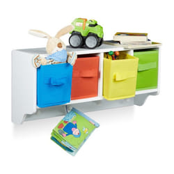 Relaxdays Etagere murale pour enfants ALBUS avec 4 crochets manteaux 4 boîtes de rangement colorées HxlxP: 28 x 61 x 16 cm blanc