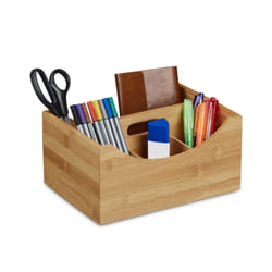 Relaxdays Organiseur de bureau boîte de rangement bambou 4 compartiments avec poignée HxlxP: 12 x 25 x 18 cm, nature