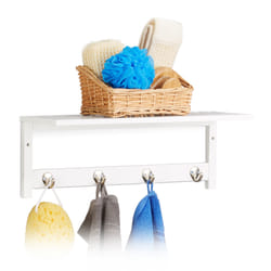 Relaxdays - tagère Murale avec 4 Patères, 17,5 x 50 x 16 cm, Bambou, Porte-Serviette, Garde-robe Suspension, Blanc