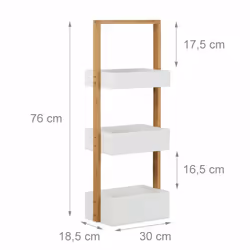 Relaxdays Étagère de salle de bain rangement serviteur de douche avec 3 paniers bois HxlxP: 76 x 30 x 18,5 cm, blanc/nature