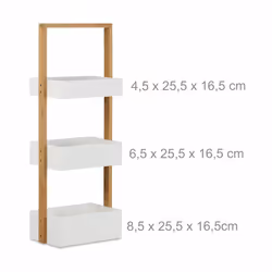 Relaxdays Étagère de salle de bain rangement serviteur de douche avec 3 paniers bois HxlxP: 76 x 30 x 18,5 cm, blanc/nature