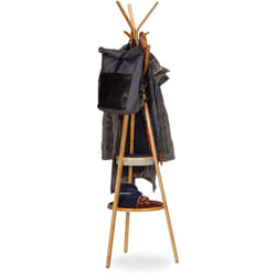 Relaxdays - Porte-manteau en bambou avec plateau porte-serviettes rangement 3 bras 6 crochets HxlxP: 171x50x50 cm, nature