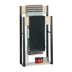 Porte-Serviettes Sur Pied Design u 2 Étagères Support Serviettes de Bain sdb 86x45x19cm, Bois+Acier, Nature - Relaxdays