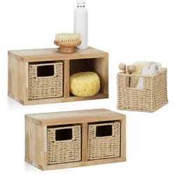 Relaxdays - 2x Etageres cube rangement, 4 paniers amovibles, corbeille bois noyer couloir chambre cuisine montage mural, nature