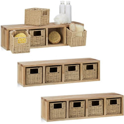 Relaxdays - 3x Etageres cube rangement, 12 paniers amovibles, corbeille bois noyer couloir chambre cuisine montage mural, nature