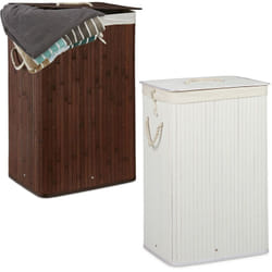 Relaxdays - Panier à linge bambou, lot de 2, corbeille linge pliante, 83L par panier, sac intérieur coton, marron et blanc