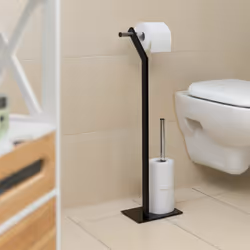 Relaxdays - Porte papier toilettes sur pied en métal chrome support rouleau wc HxlxP: 72 x 23 x 13,5 cm, noir/chrome