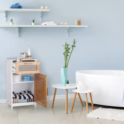 Armoire Basse Salle de Bain, Tiroir, Aspect naturel, Tablette Hauteur modulable, mdf, hlp 70x40x28,5 cm Blanc - Relaxdays
