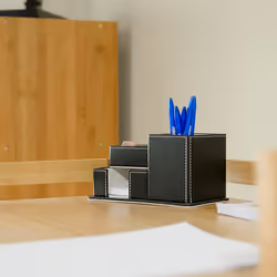 Relaxdays Organiseur fournitures bureau similicuir tiroir, porte-stylo cartes visite 4 compartiments, noir