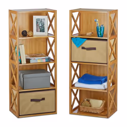 Etagère en bambou lot de 2 4 niveaux avec panier de rangement bois nature HxlxP: 105 x 42 x 29 cm nature